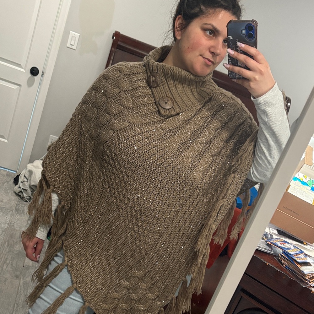 Brown Knit Turtle Neck Shawl with sequin accents